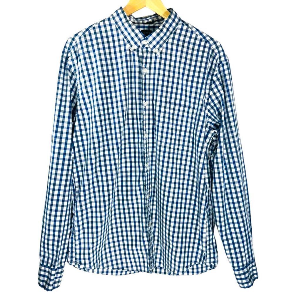 J.Crew Men's XL Blue Gingham Check Slim Fit Cotton Long Sleeve Button-Up Shirt